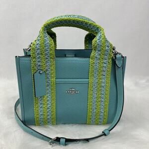 Coach Smith Tote 24 Crossbody In Leather/ Straw Webbing Light Turquoise CBG91